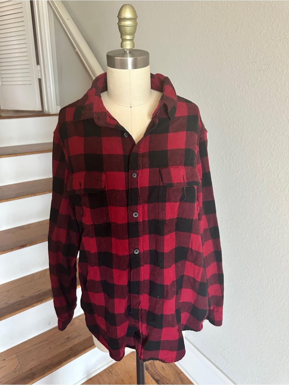 Goodfellow & Co Men's Vintage MidWeight Long Sleeve Flannel Shirt Dark Red Check - Picture 4 of 7